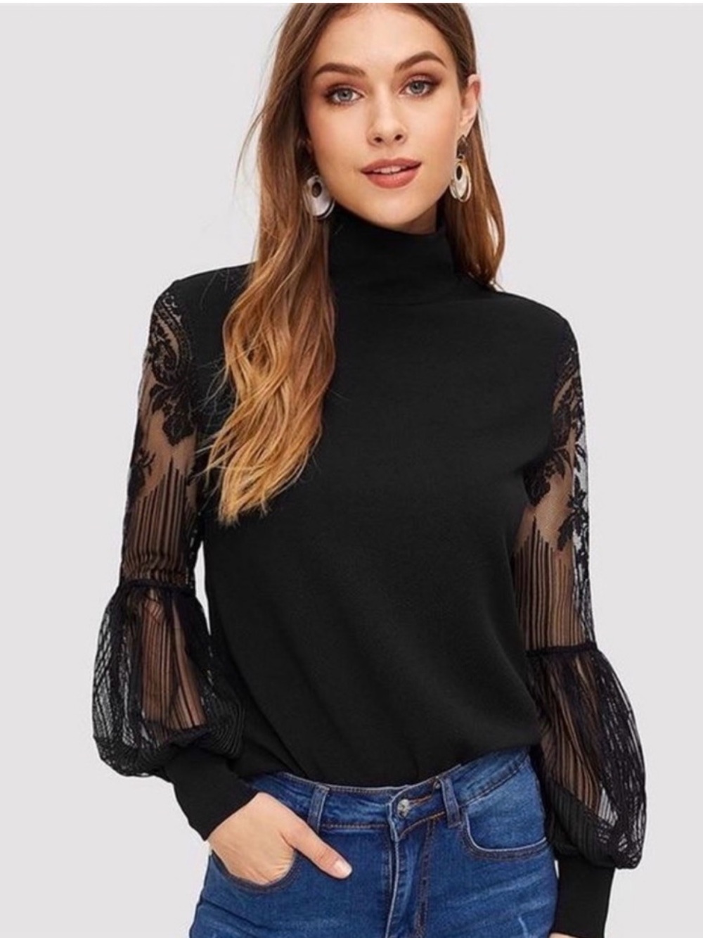 SHEIN Black Lace Balloon Sleeve Turtleneck Top